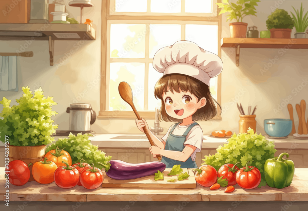 Cheerful Child Chef Preparing Vegetables in Kitchen Cheerful Child Chef Preparing Vegetables in Kitchen