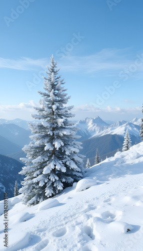 Majestic snow-laden pine tree standing proud against breathtaking winter mountain landscape with copy space