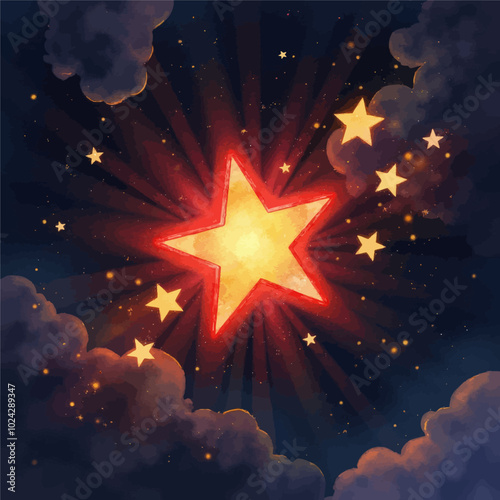 Celestial Starburst: Radiant Red Star in Night Sky