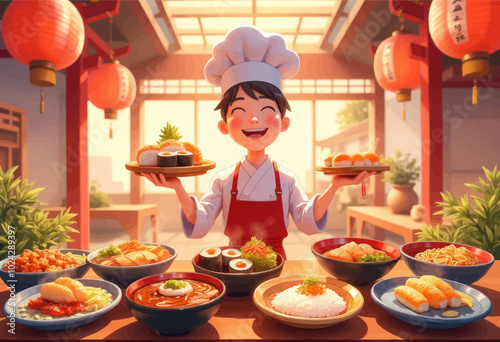 Cheerful Chef with Delicious Dishes in Asian Restaurant