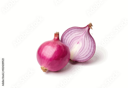 Close-up of Red Onion

- Fresh red onion
- One whole and one halved onion
- Vibrant red color
- Clean, white interior
- Simple, natural presentation
