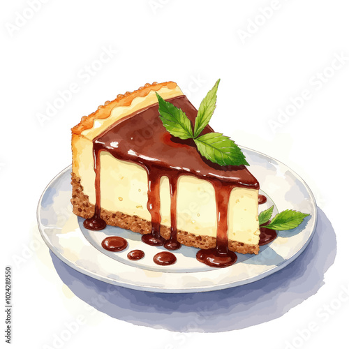 Chocolate Drizzled Cheesecake Slice with Mint Garnish
