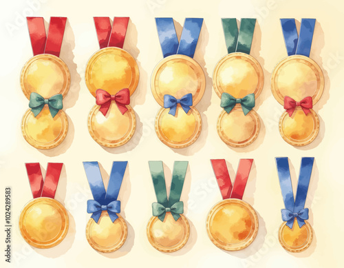 Collection of Ten Golden Medals with Ribbons
