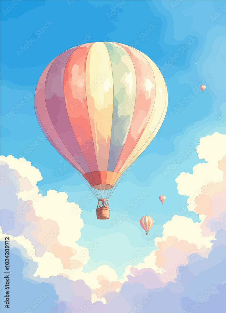 Naklejka premium Colorful Hot Air Balloon Floating Above Clouds