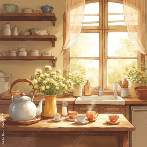 Cozy Kitchen Scene with Tea Set and Flowers
