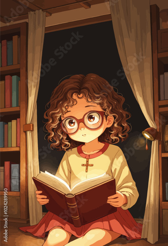 Curly-haired girl reading book in library nook