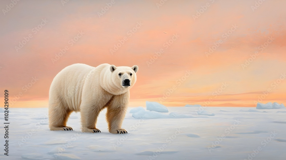 Fototapeta premium Majestic Polar Bear Resting on Floating Ice Floe in the Soft Glowing Light of the Arctic Wilderness Landscape Peaceful Tranquil Outdoor Scene in a Frozen Icy Environment