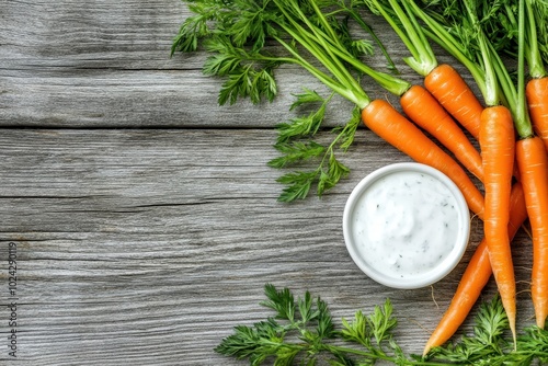 Fresh carrots with herbs dip on wooden background