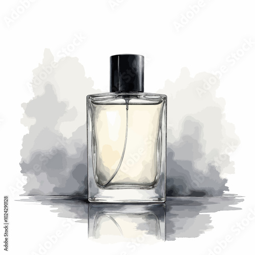 Elegant Perfume Bottle with Black Cap on Reflective Surface