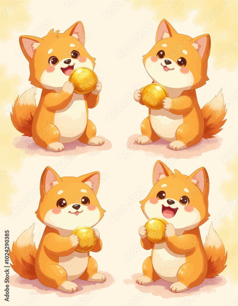 Fototapeta premium Four Cute Shiba Inu Puppies Holding Gold Coins