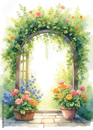 Floral Archway with Potted Roses and Delphiniums