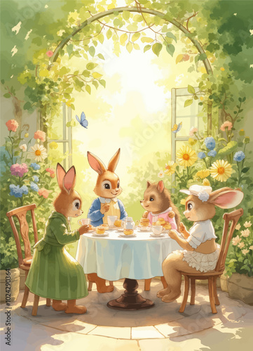 Four Bunnies Enjoying Tea Party in Garden