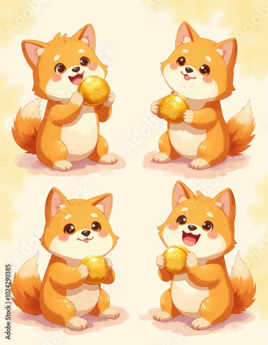 Four Cute Shiba Inu Puppies Holding Gold Coins