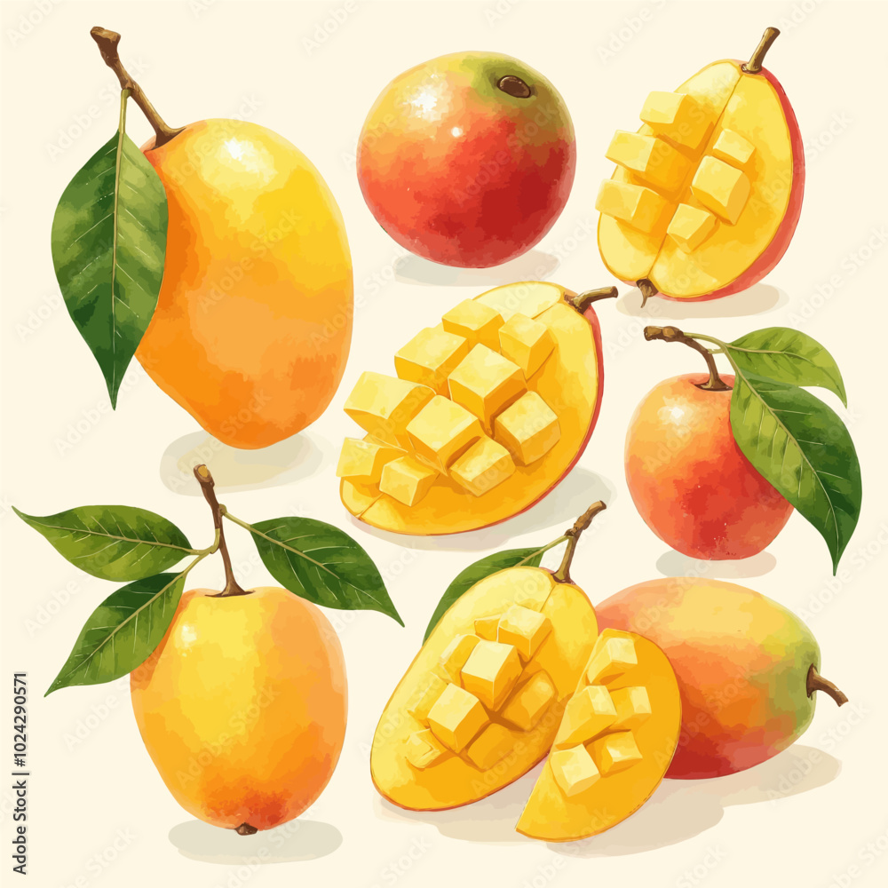 Fresh Mangoes: Whole, Halved, and Cubed Fresh Mangoes: Whole, Halved, and Cubed