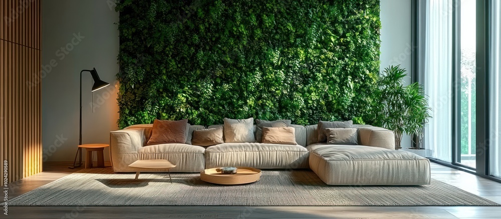 custom made wallpaper toronto digitalModern living room with a green wall, large sectional sofa, wooden floor, and a floor lamp.