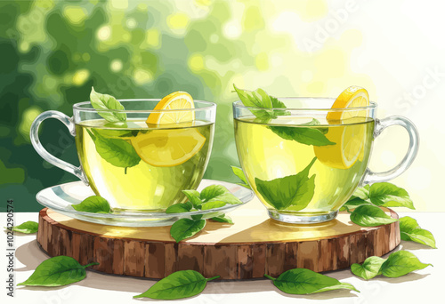 Fresh Mint and Lemon Tea on Wooden Coaster