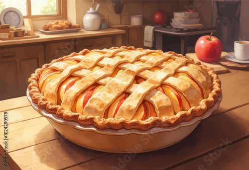 Freshly Baked Apple Pie on Kitchen Table