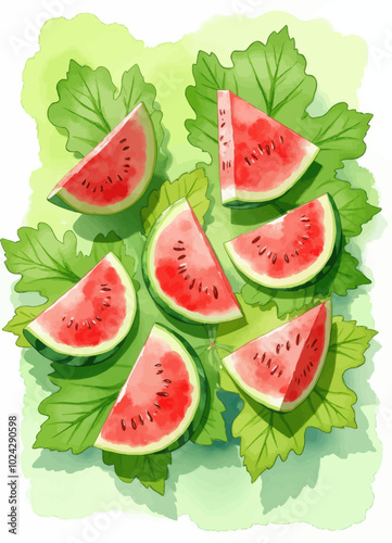 Fresh Watermelon Slices on Leaves Illustration