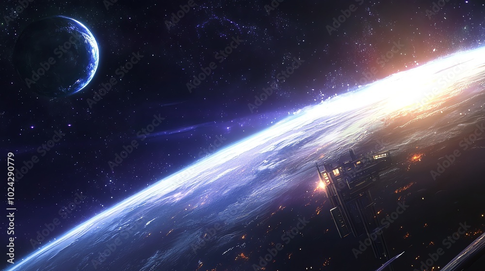 A futuristic space station orbits a planet with a crescent moon in the background. A futuristic space station orbits a planet with a crescent moon in the background.