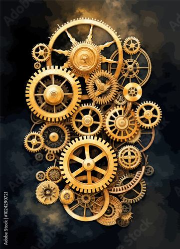 Gold Gear Mechanism on Dark Background