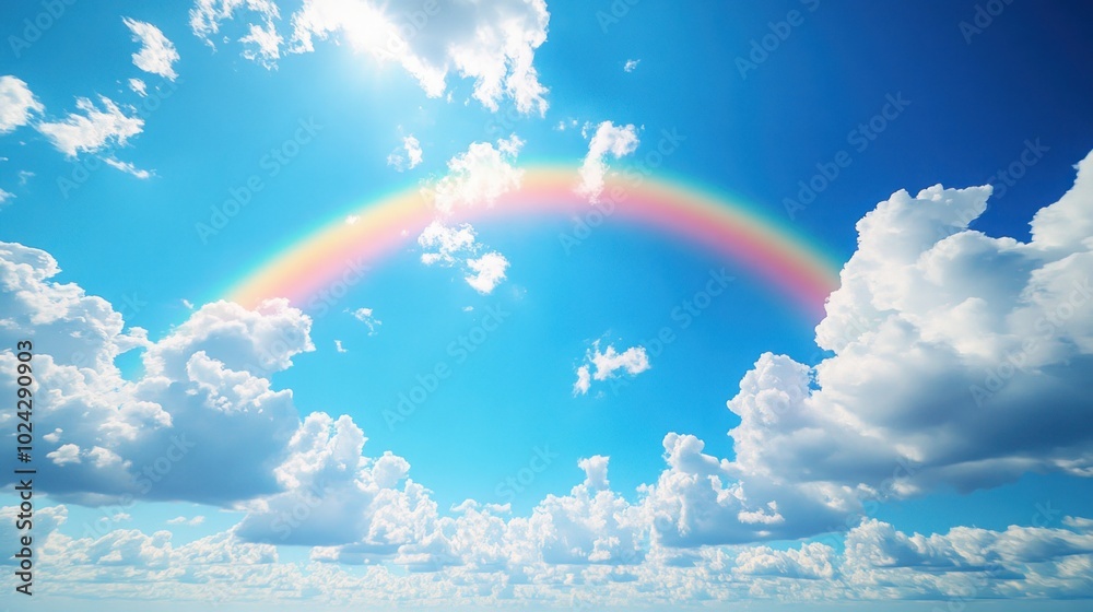 A vibrant rainbow arcs across a bright blue sky, surrounded by fluffy white clouds. The sun shines brightly in the background, creating a sense of hope and wonder. A vibrant rainbow arcs across a bright blue sky, surrounded by fluffy white clouds. The sun shines brightly in the background, creating a sense of hope and wonder.