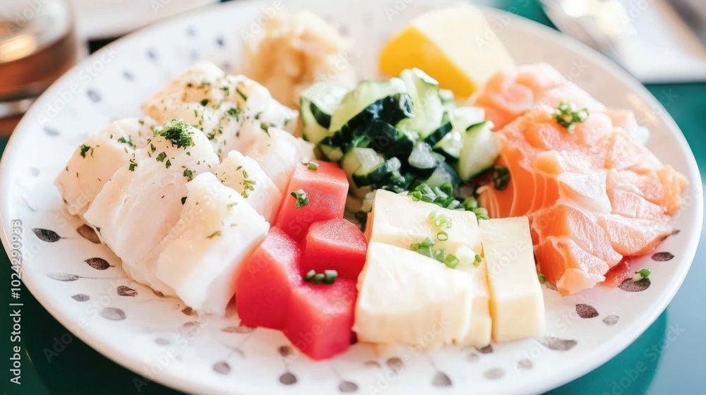 Assorted Plate Featuring Vegetables Chicken Pork Cheese and Fish with Lemon