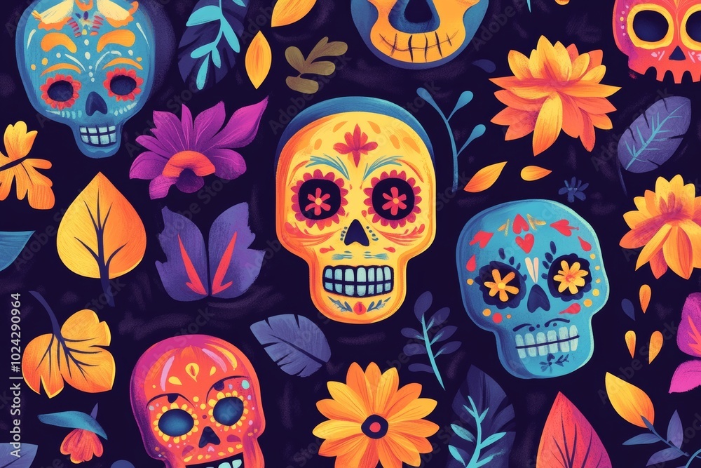 Day of the Dead symbols arranged in a vibrant pattern layout. Day of the Dead symbols arranged in a vibrant pattern layout.