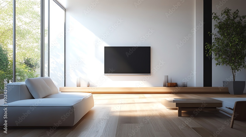 A minimalistic living room with a large TV, a white couch, and wooden floors. A minimalistic living room with a large TV, a white couch, and wooden floors.