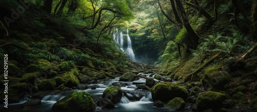 Serene Waterfall in Lush Green Forest