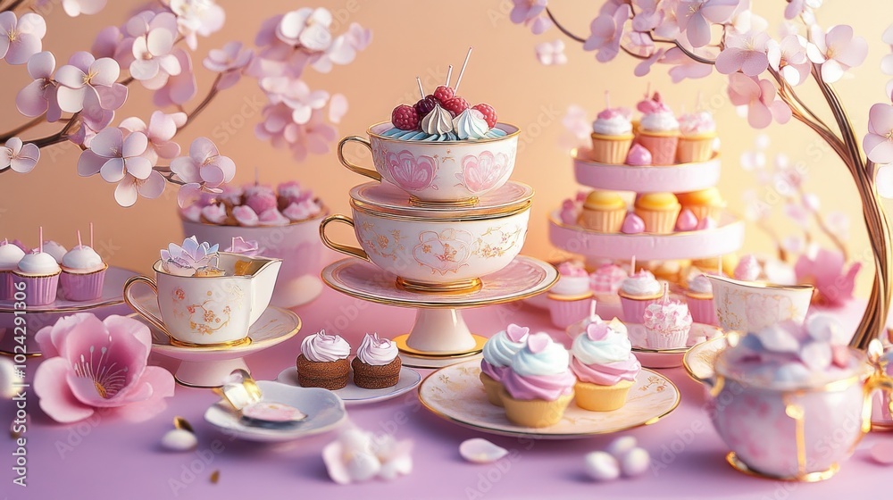 A Delicate Tea Party Setting with Pink Floral Accents and Pastries A Delicate Tea Party Setting with Pink Floral Accents and Pastries