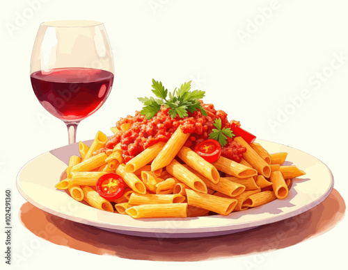 Italian Pasta Dish with Red Sauce and Wine