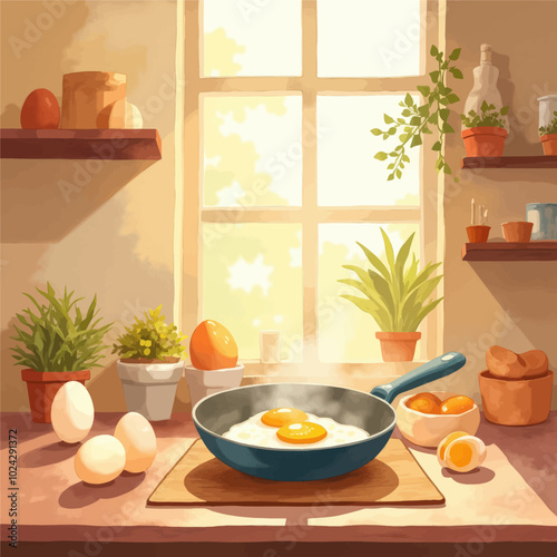 Kitchen Scene: Sunlit Cooking with Fresh Eggs and Plants