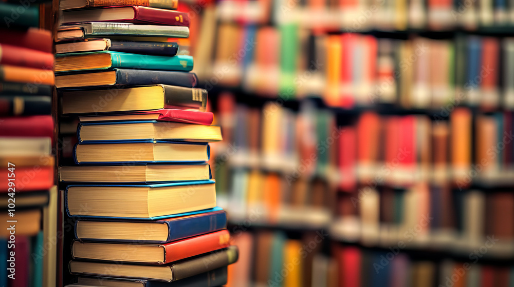 Stacked books in library with colorful spines, knowledge concept. Stacked books in library with colorful spines, knowledge concept.