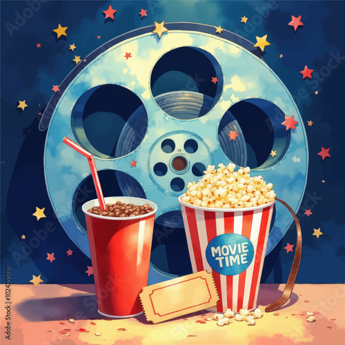 Movie Night Snacks with Film Reel

Popcorn and Drink Movie Time

Cinema Treats with Film Strip

Popcorn and Soda Movie Experience

Film Reel with Movie Time Snacks