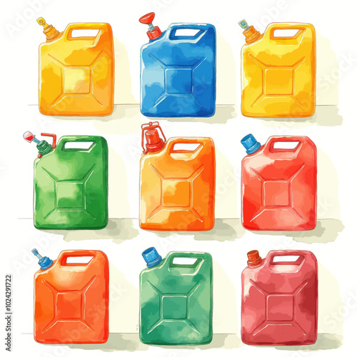 Nine colorful jerry cans arranged in a grid