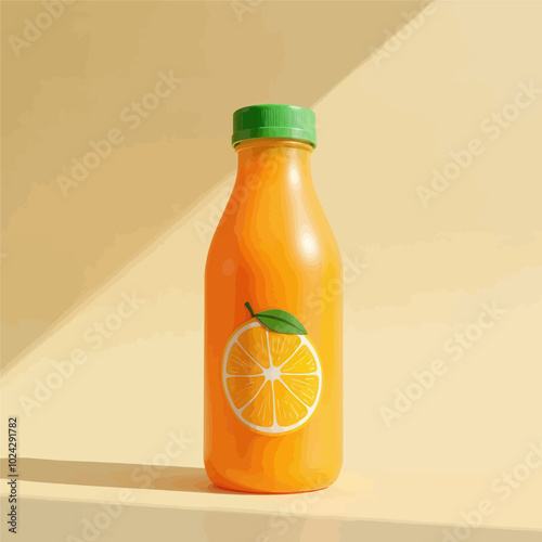 Orange juice bottle with green cap and orange slice design