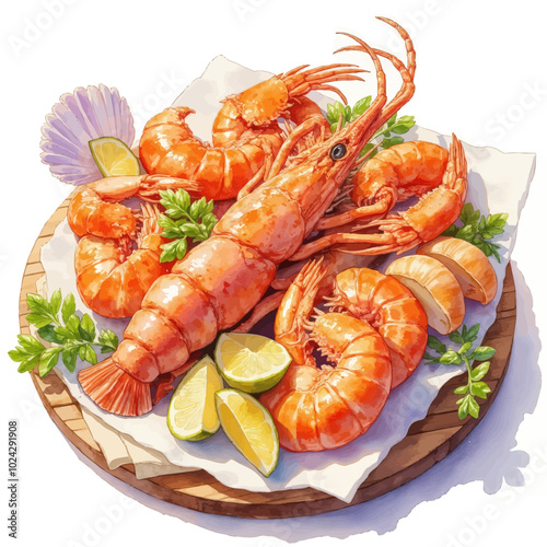 Plate of Cooked Shrimp with Lemon Wedges and Parsley