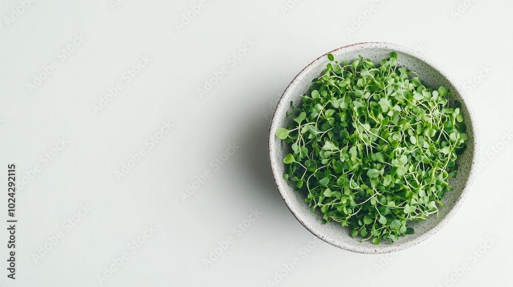 Aerial view of a bowl brimming with fresh microgreens against a white backdrop Nutritious organic greens perfect for wholesome home cooking