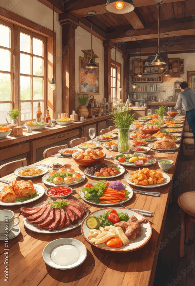 Rustic Buffet Spread with Assorted Dishes Rustic Buffet Spread with Assorted Dishes
