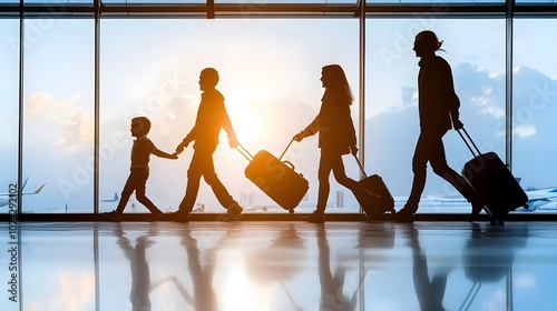 Obraz na płótnie A family of four is walking through an airport terminal, carrying luggage, silhouetted against a bright sunset. w salonie