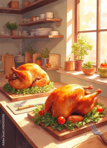 Roasted Turkeys on Kitchen Counter with Herbs and Dishes