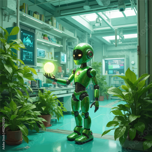 Robot in Greenhouse Lab with Light Globe