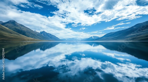 A tranquil mountain lake with a perfect reflection of the blue sky and clouds.