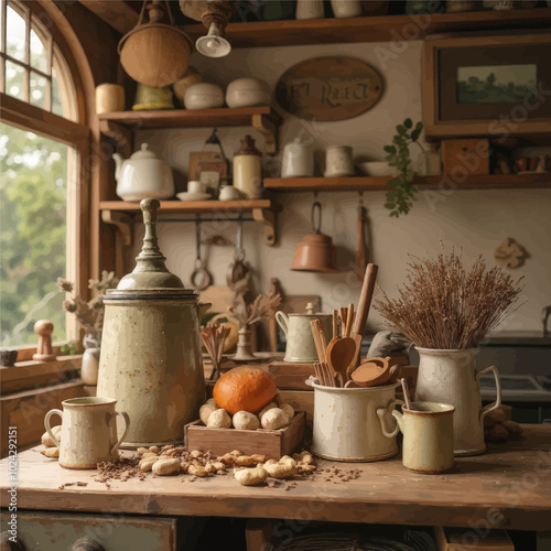 Rustic Kitchen: Wooden Countertop with Ceramics and produce