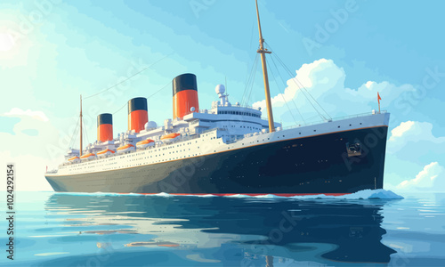 Sailing Ocean Liner with Three Smokestacks at Sea