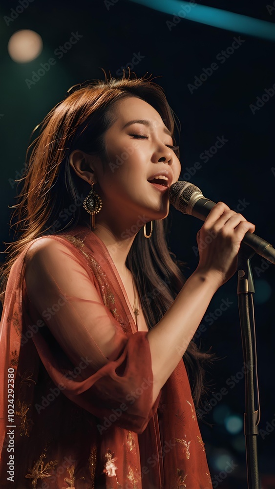 Close-up portrait of a asian female singer wearing dress singing with a microphone on stage, with a dark background. Close-up portrait of a asian female singer wearing dress singing with a microphone on stage, with a dark background.