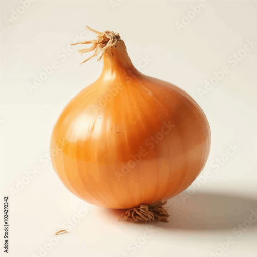 Single Onion with Dry Stalk on White Background