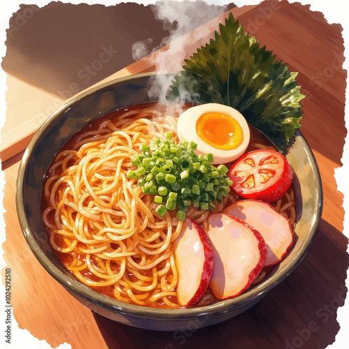 Steaming Ramen Bowl with Noodles, Egg, and Vegetables