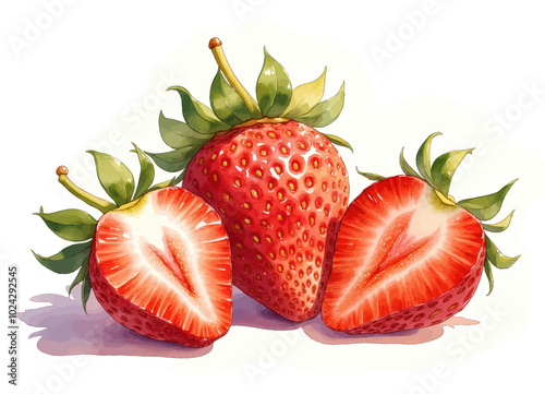 Strawberries Illustration: Whole and Sliced, Vibrant Red with Green Leaves