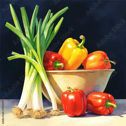 Still Life with Bell Peppers and Green Onions